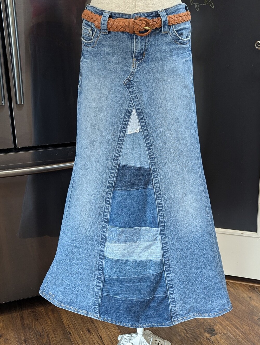 VTG D'Elia*S Handmade Distressed Women’s Patch-Panel Denim Maxi Skirt Y2K Hippie